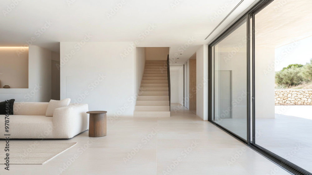 Modern minimalist interior design of a spacious living area with natural light and sleek stairway in a stylish home Modern minimalist interior design of a spacious living area with natural light and sleek stairway in a stylish home