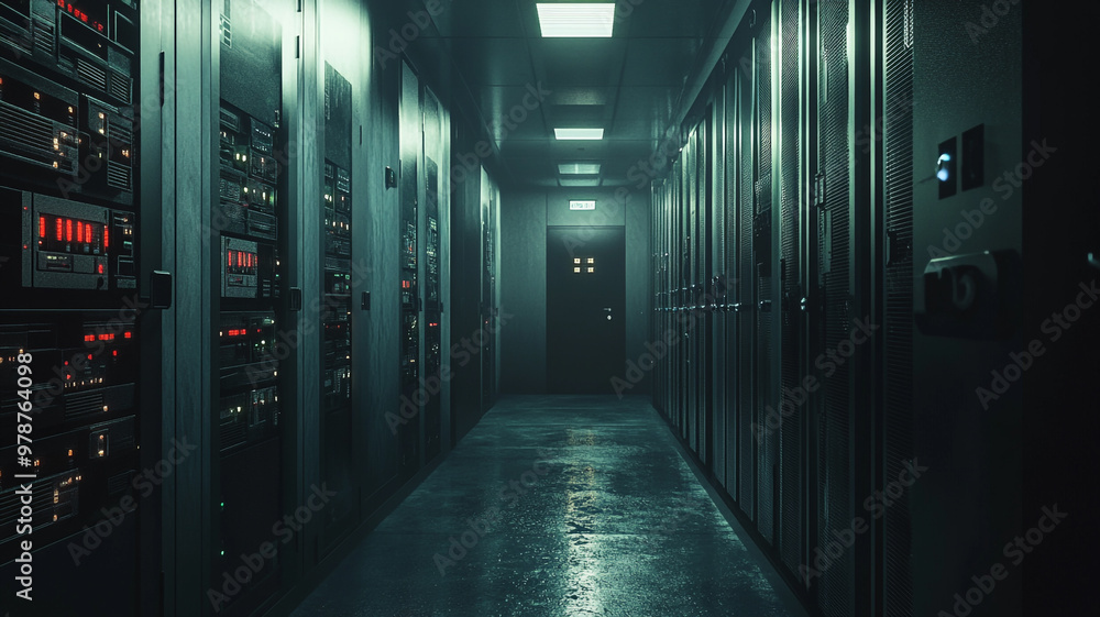 Dimly lit corridor of a data center with rows of servers during nighttime hours Dimly lit corridor of a data center with rows of servers during nighttime hours