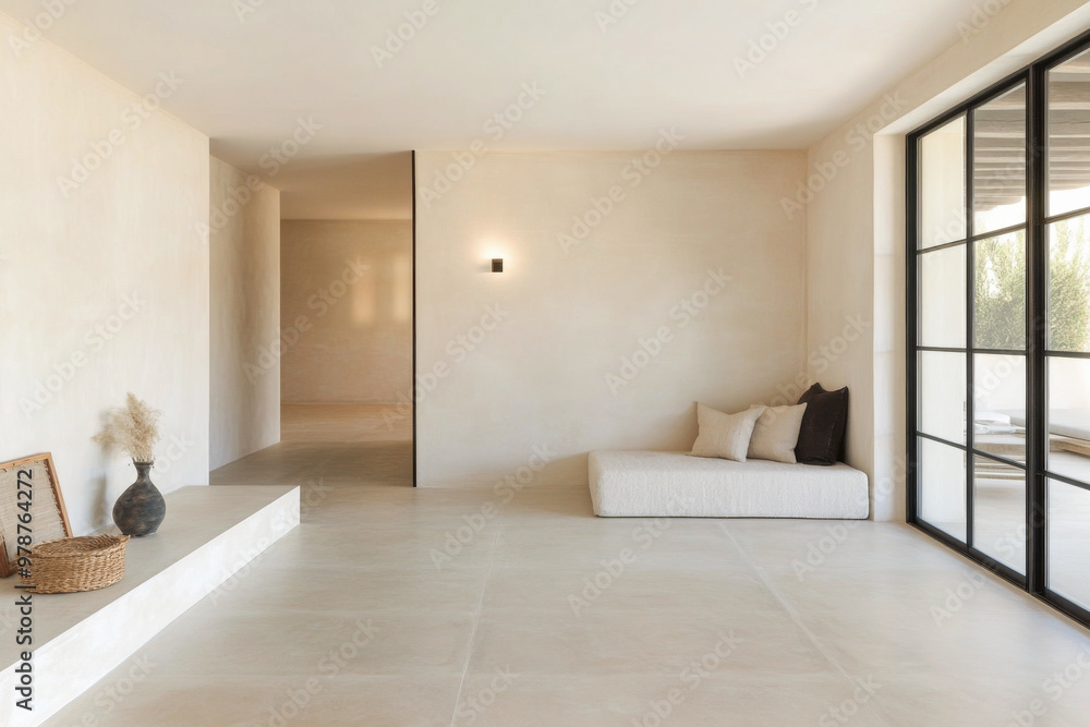 Fototapeta premium Minimalist living room in a modern house with natural light and neutral colors, featuring a cozy seating area and textured wall decor