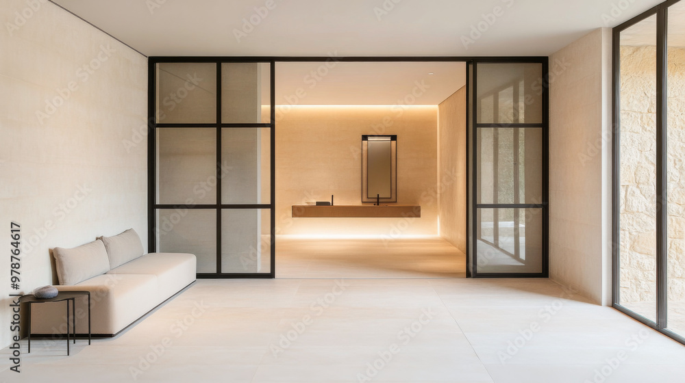 Modern interior design of a spacious, minimalist living area with natural light highlighting elegant architectural features in a contemporary setting Modern interior design of a spacious, minimalist living area with natural light highlighting elegant architectural features in a contemporary setting