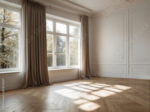 Sunbeams Streaking Through a Window in a Spacious, White Room with Beige Curtains and a Herringbone Wood Floor