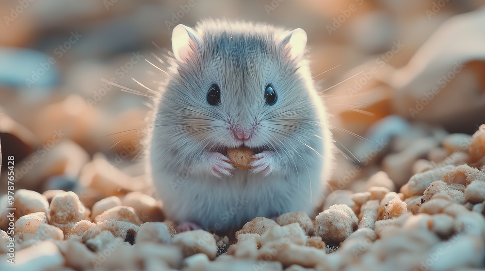 Dwarf gray hamster in a small house. Cute baby hamster standing facing forward while eating food Dwarf gray hamster in a small house. Cute baby hamster standing facing forward while eating food