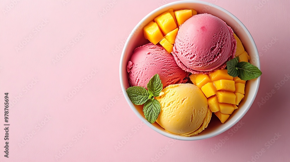 Close-up of a bowl of mango and strawberry ice cream on a pink background. Close-up of a bowl of mango and strawberry ice cream on a pink background.