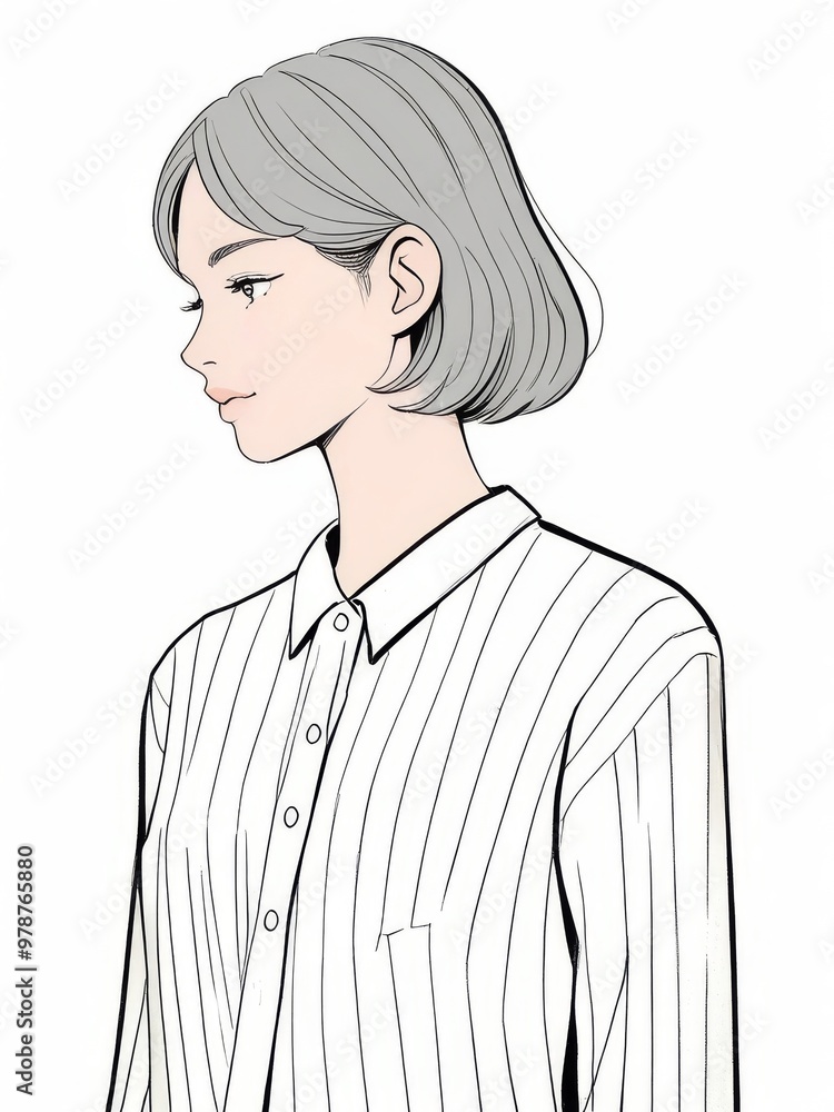 Line Art Portrait of a Young Woman with Beautiful Hair