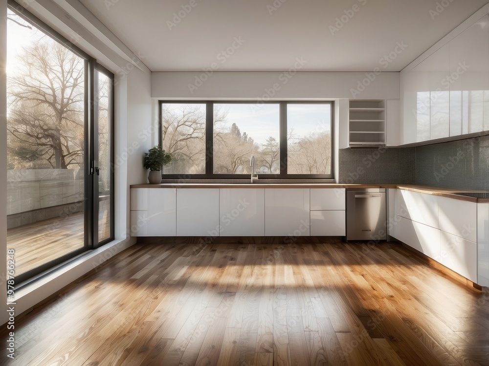 Modern Kitchen with White Cabinets and a Large Window Modern Kitchen with White Cabinets and a Large Window