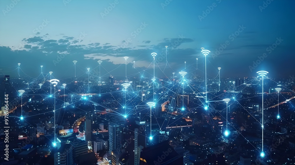 Obraz premium Connected City Technology Wireless Networks Urban Landscape Data Transmission | AI Generated