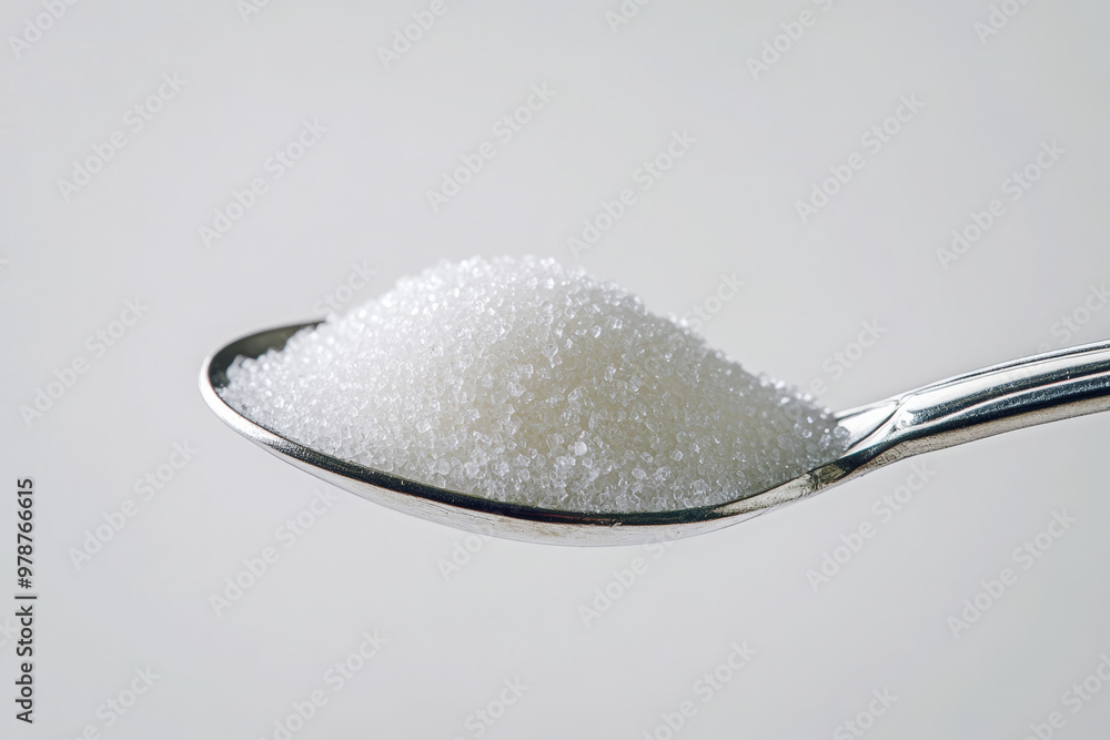 A spoonful of sugar on a steel spoon, close-up shot, isolated against a white background. A spoonful of sugar on a steel spoon, close-up shot, isolated against a white background.