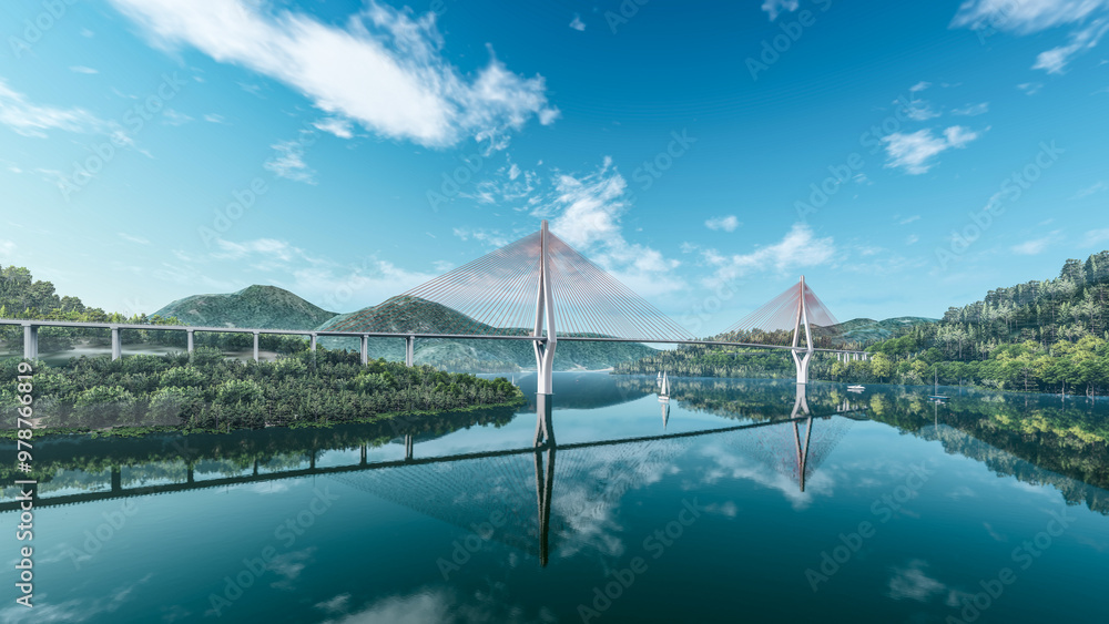Obraz premium 3d illustration of a cable stayed bridge crossing huge lake in mountainous region