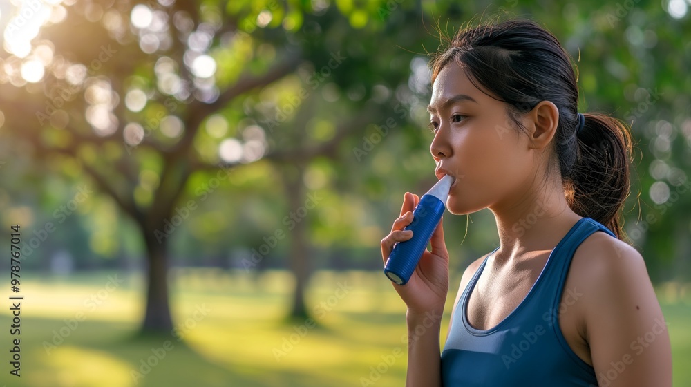 An young woman using a smart inhaler in a park before starting their outdoor workout routine. Generative ai illustration. An young woman using a smart inhaler in a park before starting their outdoor workout routine. Generative ai illustration.