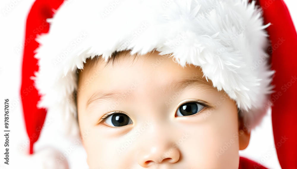 A young Asian baby boy wearing a red Santa hat, looking directly at the camera with a serious expression, white background 