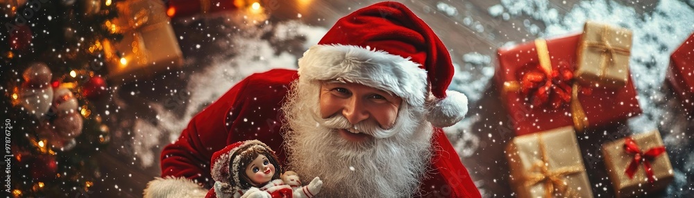 Cheerful Santa Claus with a doll, surrounded by festive decorations and gifts, captures the spirit of Christmas joy. Cheerful Santa Claus with a doll, surrounded by festive decorations and gifts, captures the spirit of Christmas joy.