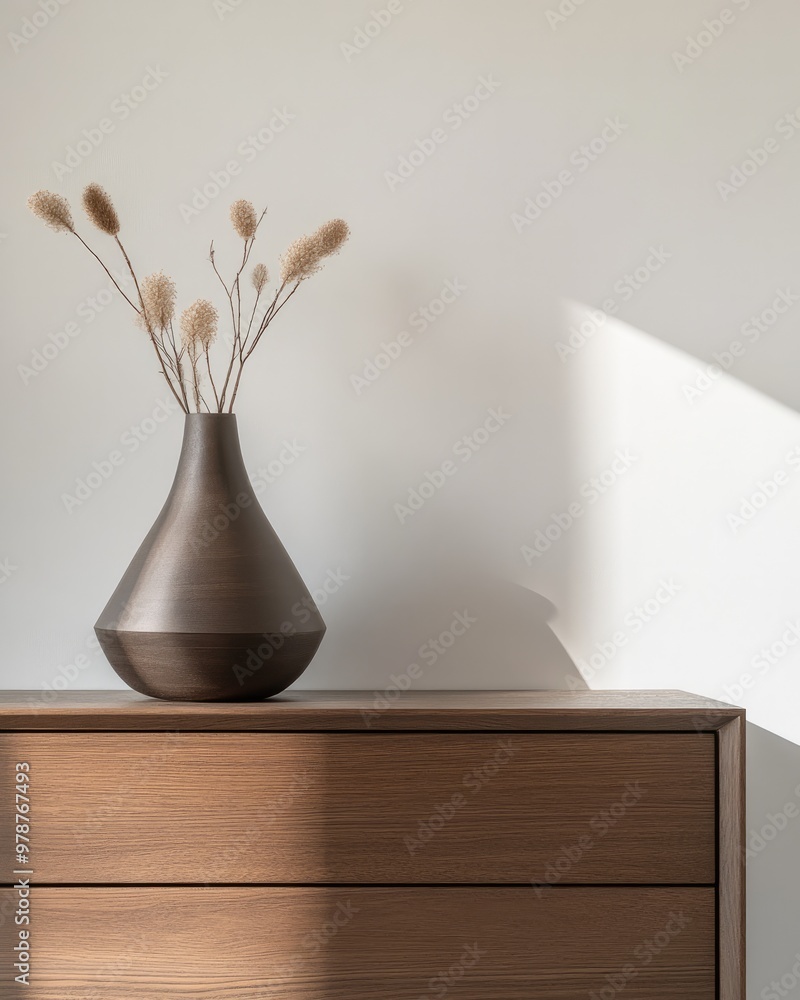 Modern Low Mahogany Chest of Drawers Next to a White Flat Wall Modern Low Mahogany Chest of Drawers Next to a White Flat Wall