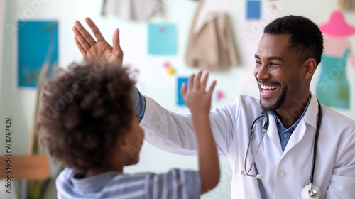 High Five for Health:Pediatrician high-fiving young patient, colorful clinic setting, joyful moment and the positive connection between caregiver and patient. Generative ai illustration. 