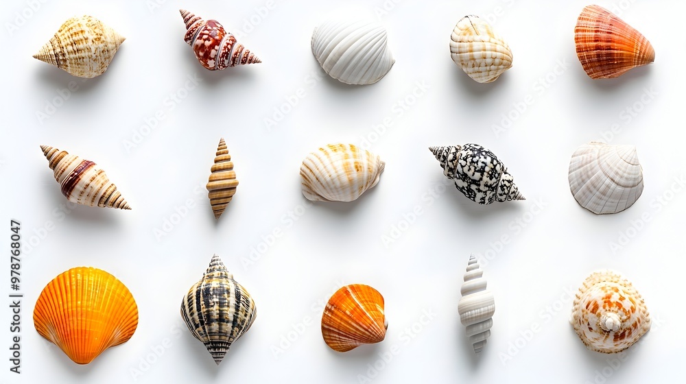 Exquisite Seashell Arrangement on Pristine White Background Exquisite Seashell Arrangement on Pristine White Background