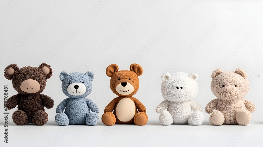 Neatly Arranged Assortment of Soft Plush Toys on White Background
