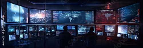 Cybersecurity command center with multiple screens and data visualizations, dark ambient lighting, watercolor painting.