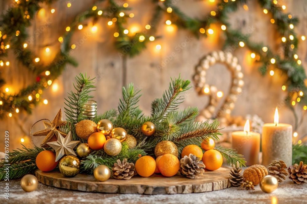 The concept of New Year and Christmas. The warmth of the house in cold weather. Fir branches, tangerines, cones and candles on the background of a beautiful bokeh in the interior of the living room. The concept of New Year and Christmas. The warmth of the house in cold weather. Fir branches, tangerines, cones and candles on the background of a beautiful bokeh in the interior of the living room.