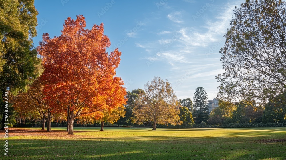 Fototapeta premium Autumnal hues adorn Parramatta Park's towering trees, creating a vibrant tapestry.
