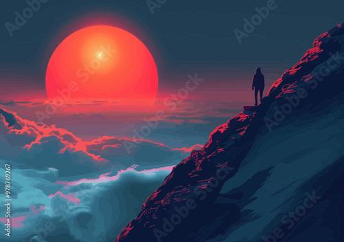 Businessman Climbing Steep Mountain at Sunset Illustrates Journey to Success, Overcoming Challenges, and Achieving Goals in Minimalistic Vector Art