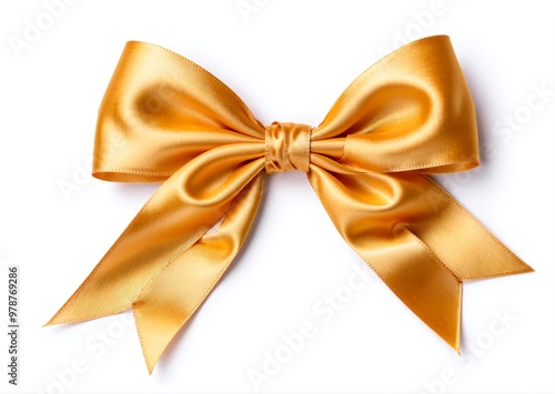 golden silk ribbon bow on white background