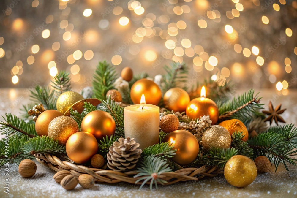 The concept of New Year and Christmas. The warmth of the house in cold weather. Fir branches, tangerines, cones and candles on the background of a beautiful bokeh in the interior of the living room. The concept of New Year and Christmas. The warmth of the house in cold weather. Fir branches, tangerines, cones and candles on the background of a beautiful bokeh in the interior of the living room.