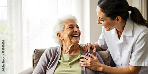 Senior care with a happy elderly woman and caregiver