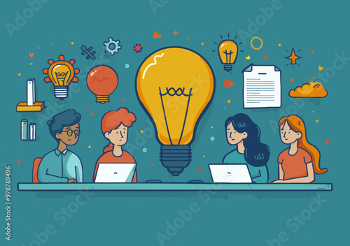 Creative Team Brainstorming Business Strategy with Light Bulb Ideas in Modern Office, Vector Illustration, Collaborative Meeting Concept