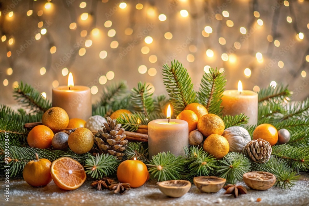The concept of New Year and Christmas. The warmth of the house in cold weather. Fir branches, tangerines, cones and candles on the background of a beautiful bokeh in the interior of the living room. The concept of New Year and Christmas. The warmth of the house in cold weather. Fir branches, tangerines, cones and candles on the background of a beautiful bokeh in the interior of the living room.