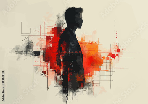 Silhouette of a Businessman with Abstract Red and Black Digital Art Background Illustrating Business Success and Dynamic Growth Concepts