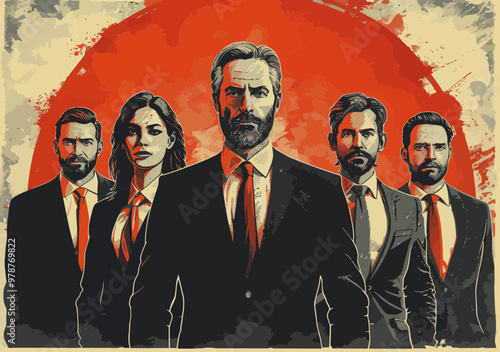 Dynamic Business Team Portrait with Leader in Front, Ready to Work, Leadership and Teamwork Concept, Minimalistic Vector Illustration, Professional Corporate Setting, Motivational Business Theme