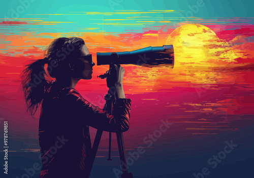 Businesswoman Searching for Opportunities with Telescope at Sunset, Concept of Future Vision and Exploration in Vibrant Minimalistic Style