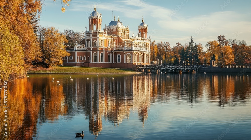 Obraz premium Autumnal hues paint the lower pond of the Tsaritsyno Palace ensemble, where swans and ducks float serenely amidst the picturesque landscape.