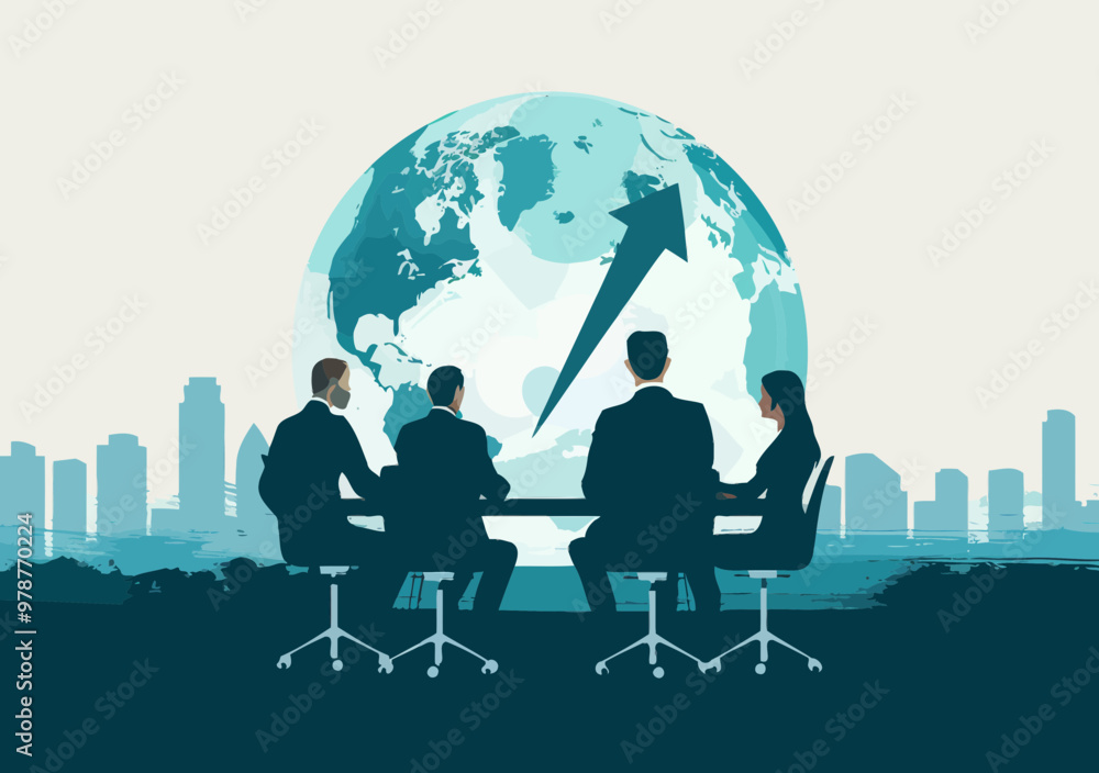 Business Team Discussing Global Growth with Rising Arrow Pointing Upwards at Globe - Concept of Trade, Investing, Economic Expansion Business Team Discussing Global Growth with Rising Arrow Pointing Upwards at Globe - Concept of Trade, Investing, Economic Expansion