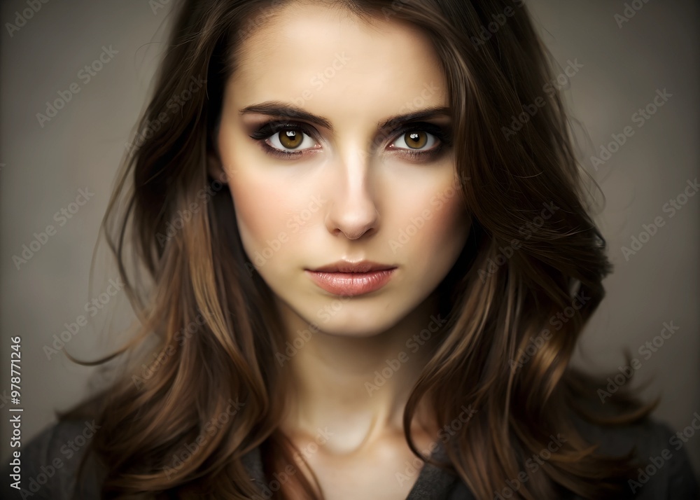 Fototapeta premium A woman with brown hair and brown eyes is looking directly at the camera