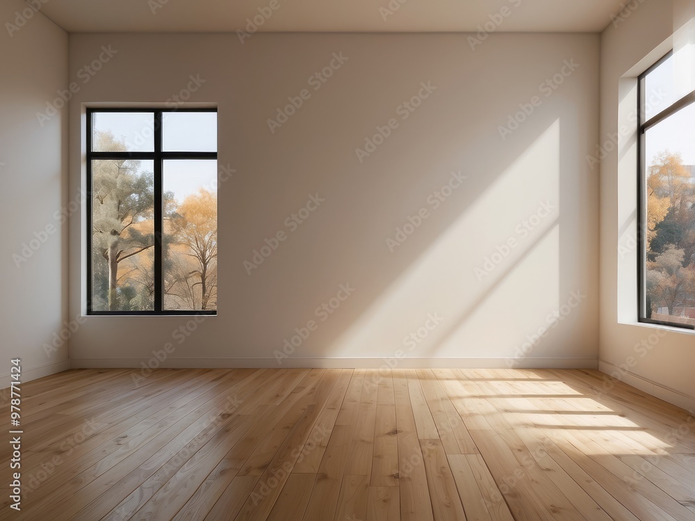 Obraz premium Empty Room with Wooden Floor and Sunlight Streaming Through Windows