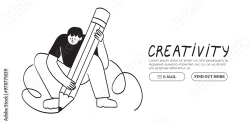 Man with large pencil drawing. Young person hold big pencil. Cute funny isolated character. Doodle style hand drawn vector illustration. Drawing, writing, creating, web design, blogging concept.