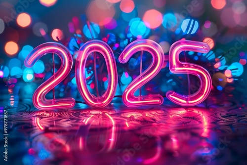 The neon inscription "2025" on the festive background