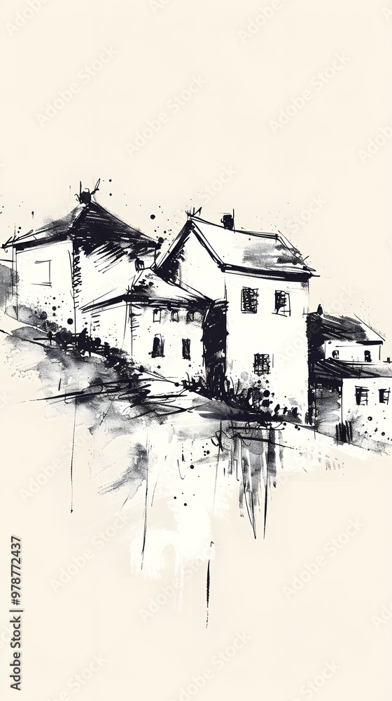 Abstract Ink Drawing of Houses on a Hillside Abstract Ink Drawing of Houses on a Hillside