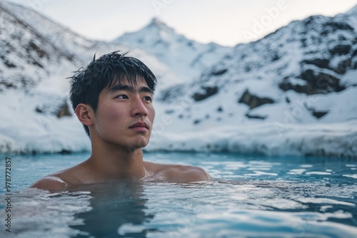 Man in outdoor cold plunge pool with snow-covered mountains. photo