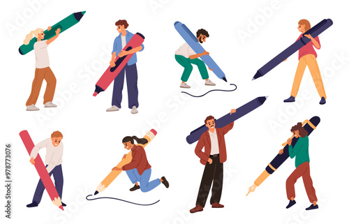 Tiny people hold big pens and pencils. Office stationery. Men and women write. Persons draw with markers. Business cartoon characters. Graphic designers and journalists. Garish vector set