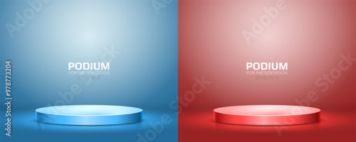 Blue and red podium on light background. Empty pedestal for award ceremony or product presentation. Minimalist platform concept. Vector illustration.