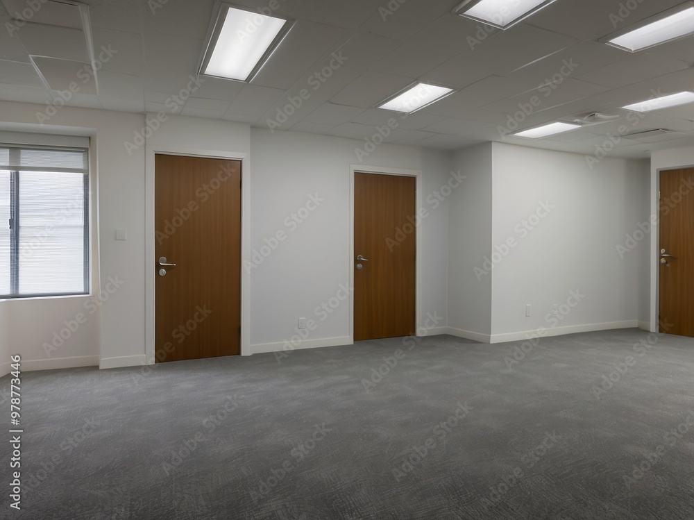 Empty Office Room with Three Doors and Grey Carpet Empty Office Room with Three Doors and Grey Carpet