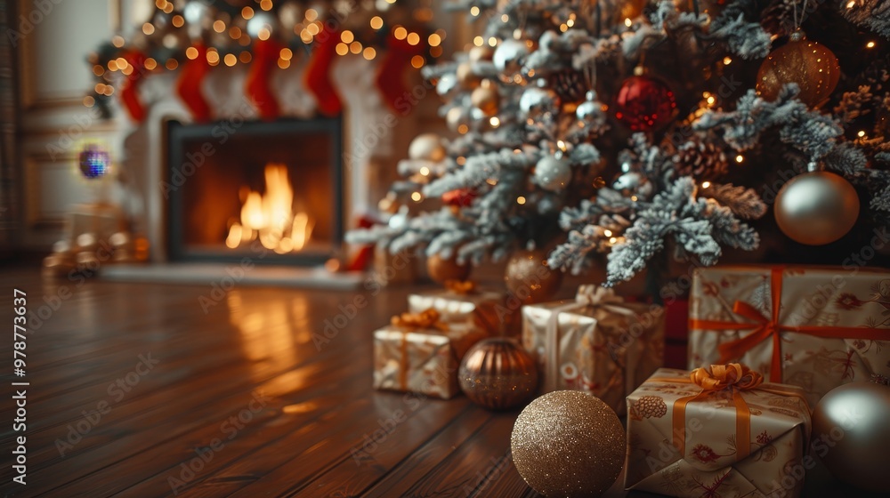 Elegant white and gold Christmas tree decor with gifts and cozy fireplace in home interior Happy New Year bokeh banner empty space Elegant white and gold Christmas tree decor with gifts and cozy fireplace in home interior Happy New Year bokeh banner empty space