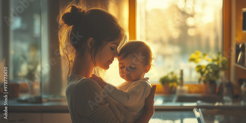 Closeup portrait mother and daughter hugging, Mother hugging photo