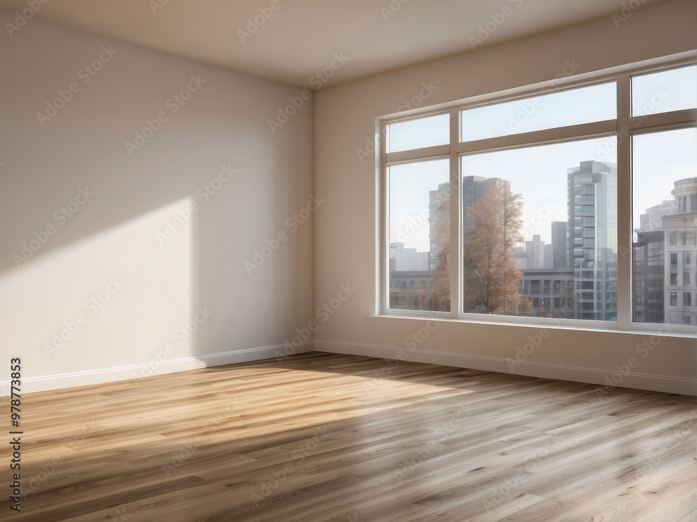 Obraz premium Empty Room with Large Window and City View