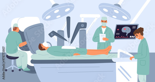 Surgeons perform surgery. Doctors making operation. Control of medical lasers. Operating table. Future technology. Robot arms manipulating. Innovative medicine. Garish vector concept