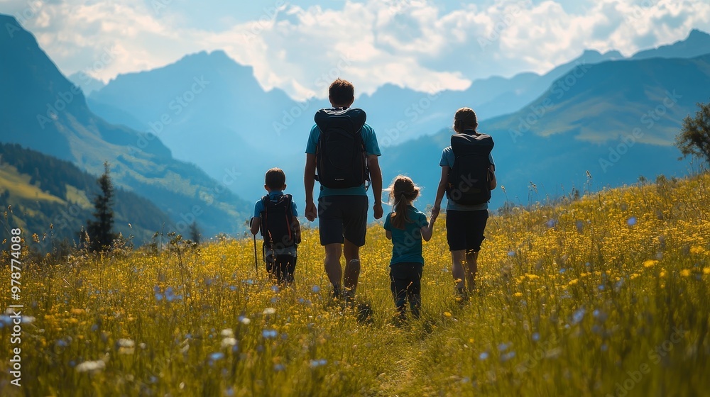 Obraz premium A family of three is walking through a field of flowers