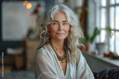 A serene woman with gray hair smiles warmly in a sunlit room adorned with plants and rustic decor