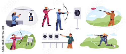 Sport shooter characters. People with guns aim at targets. Athletes with bows and arrows. Sniper training. Pistols competition. Accuracy shoot. Rifle range elements. Garish vector set