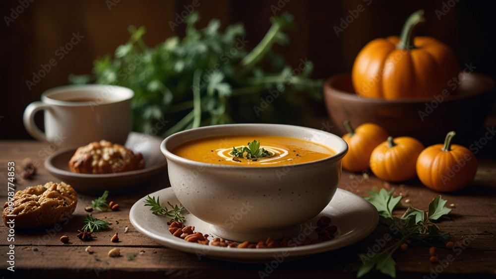 Creamy roasted pumpkin soup in ceramic bowl on the rustic wooden table Creamy roasted pumpkin soup in ceramic bowl on the rustic wooden table